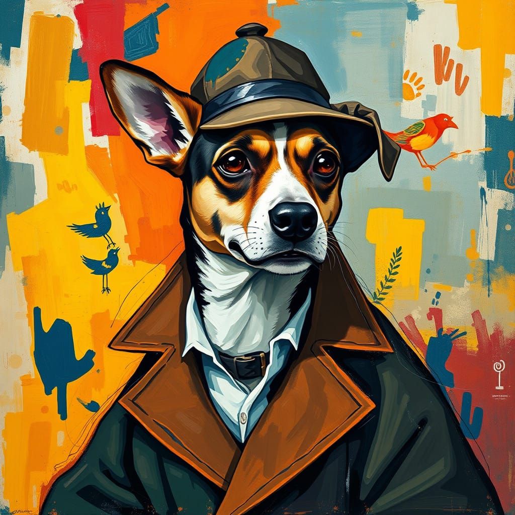 Cubist Canine Detective in a Vibrant, Abstracted Environment