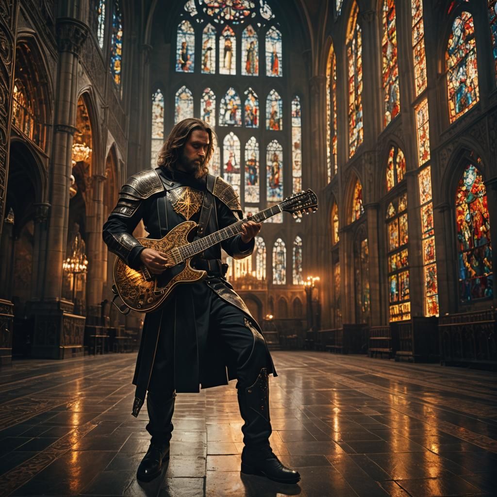 Orthodox Crusader Knight with Guitar in Cathedral
