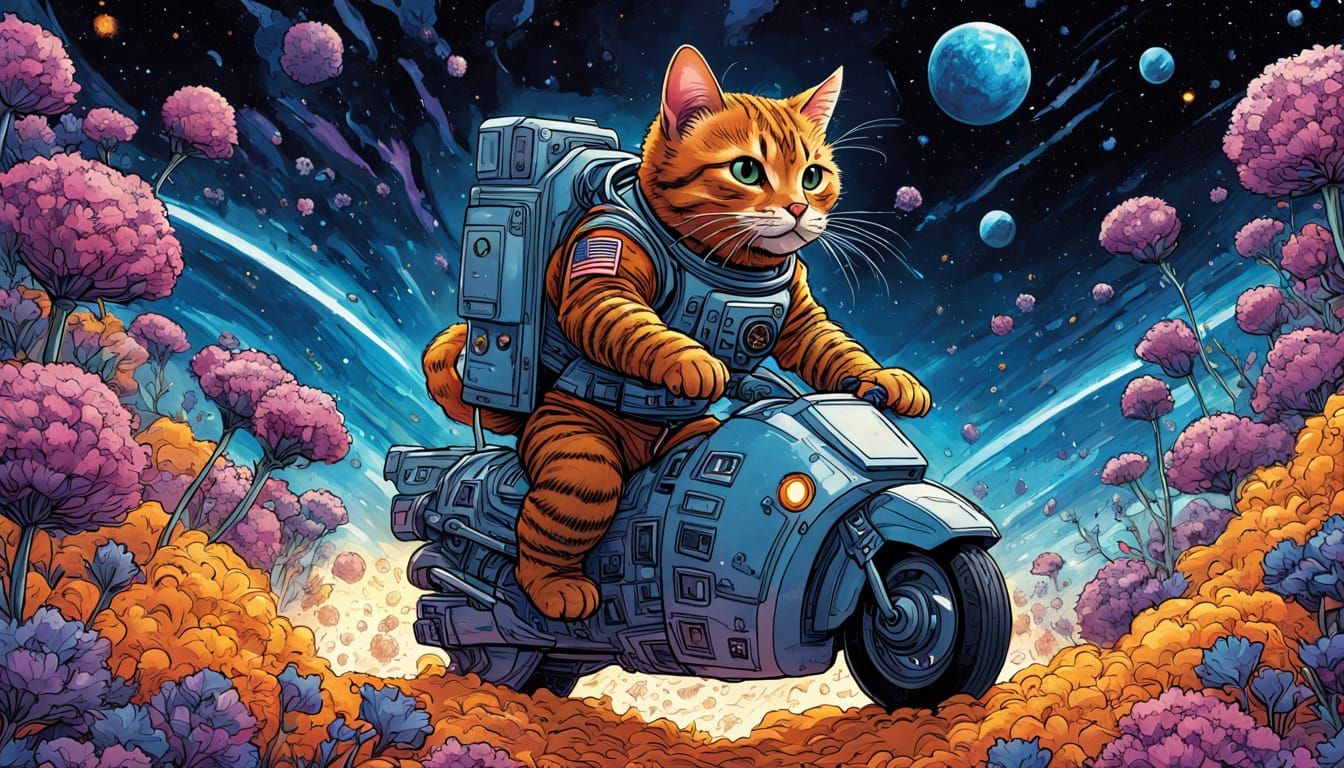 Vibrant Cosmic Cat Astronaut Rides Armored Space Hamster Thr...