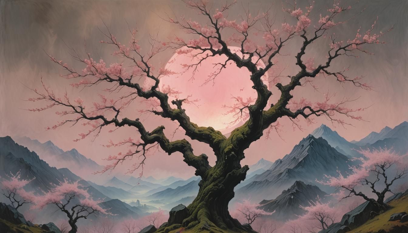 Cherry Blossom Tree on Misty Mountain Peaks