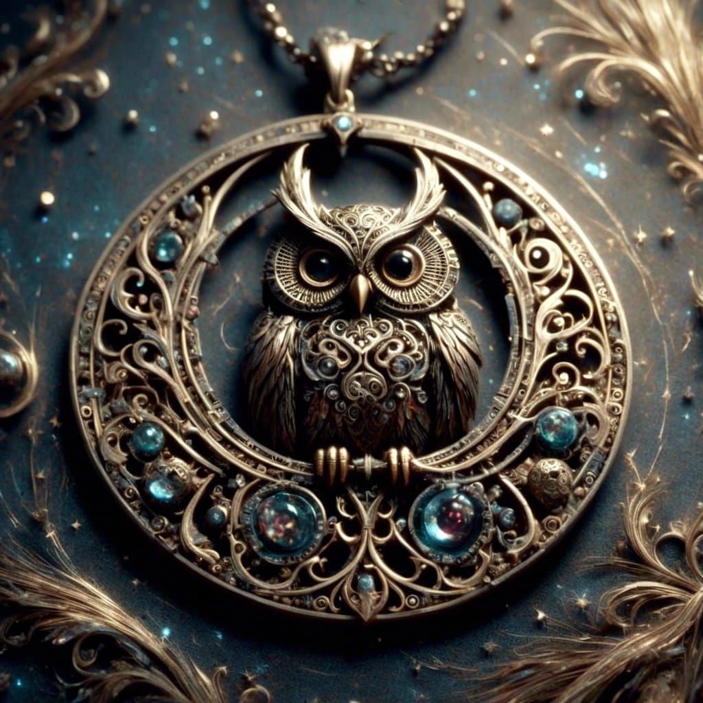 Fantasy Owl and Moon Amulet in Filigree