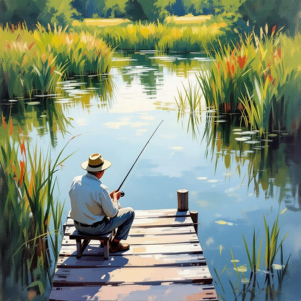 Old Man Fishing on Calm Pond in Impressionist Style