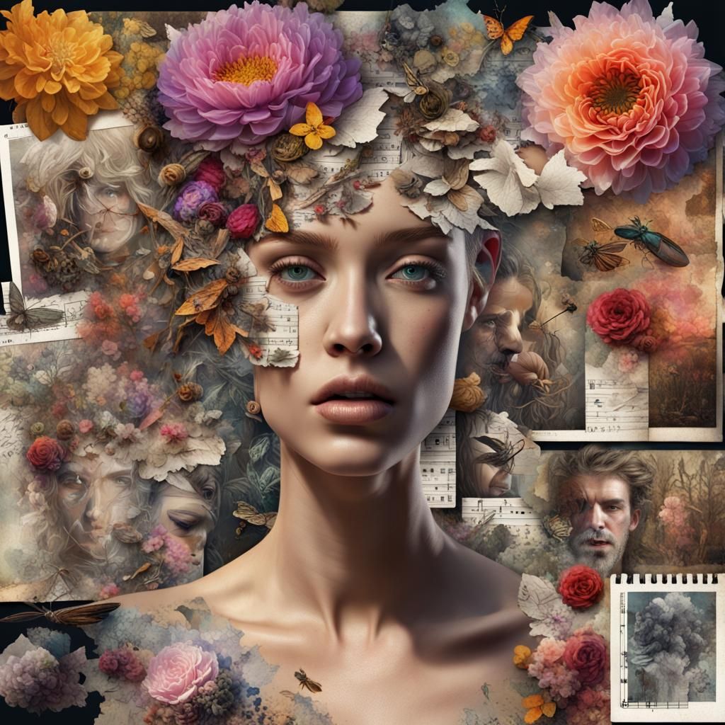 Botanical Collage with Glitch Art Elements