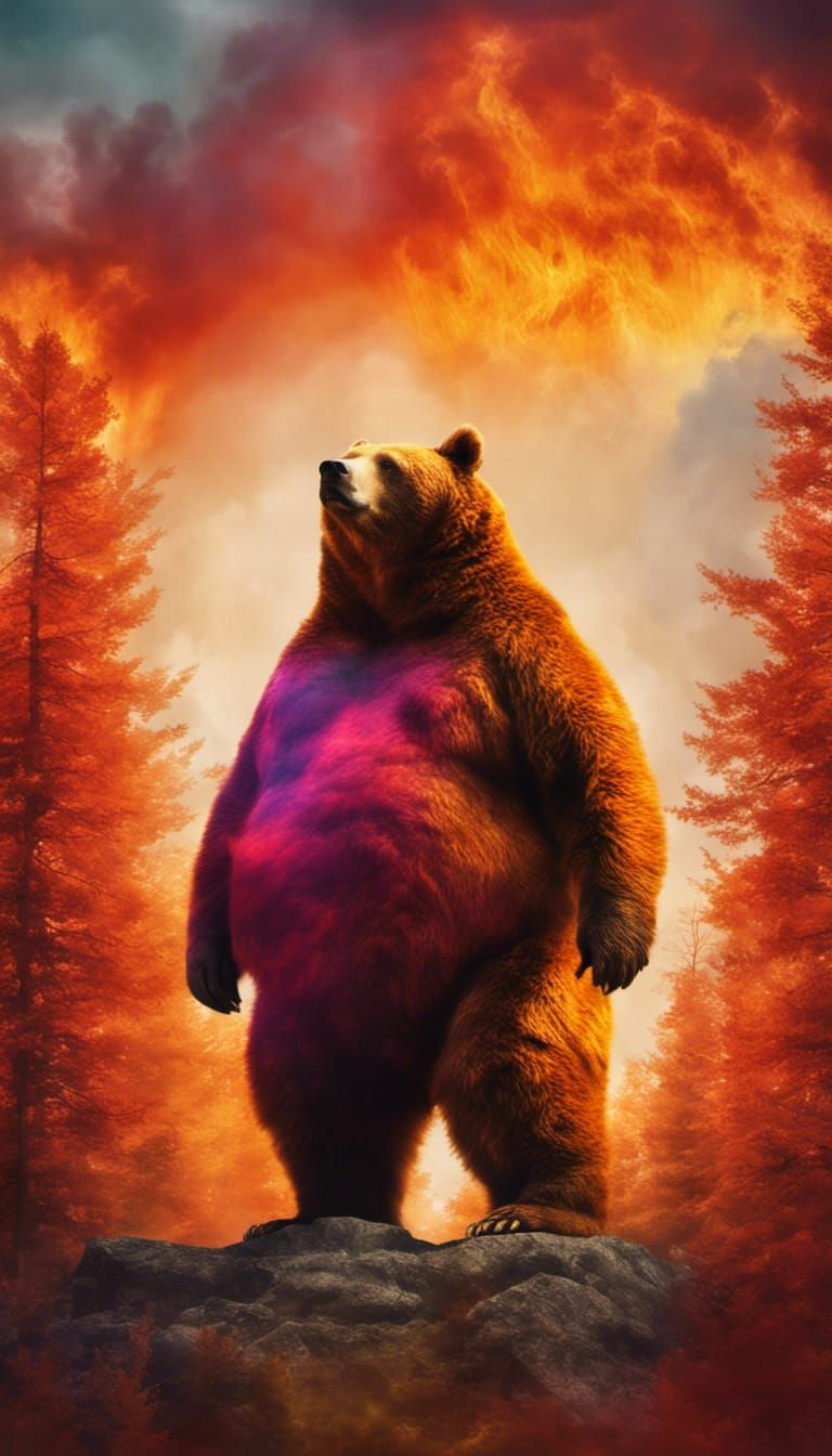 Magical Surreal Bear Portrait in Fiery Sky