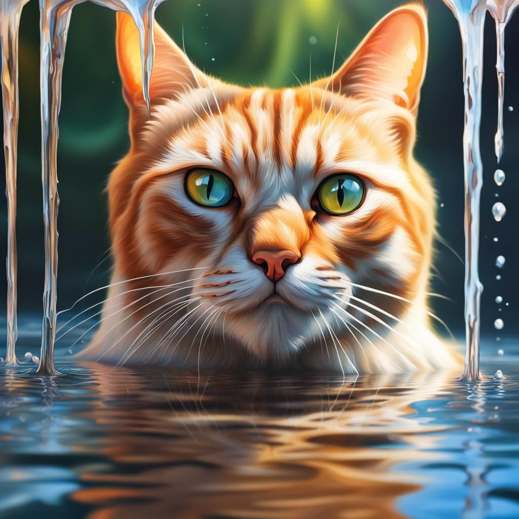 Hyperrealistic Cat Face Reflected in Waterfall
