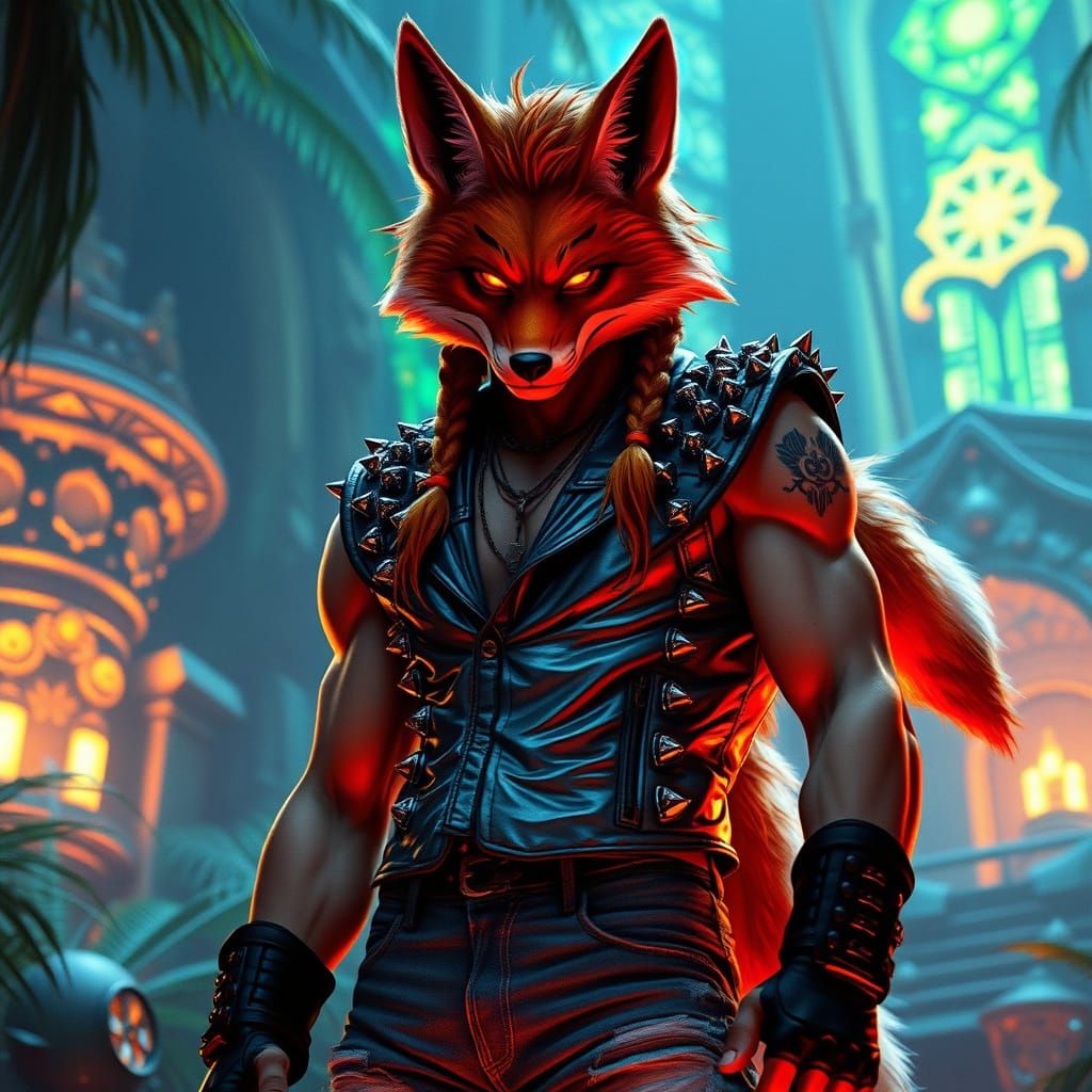 Cybernetic Fox Wrestler in Bioluminescent Jungle Temple