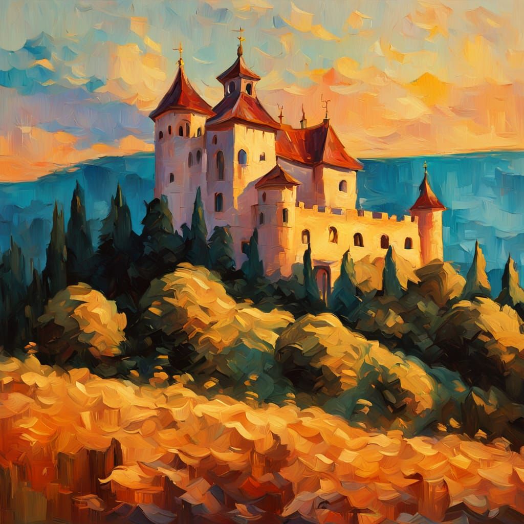 Baroque Castle in Impasto Gouache Style