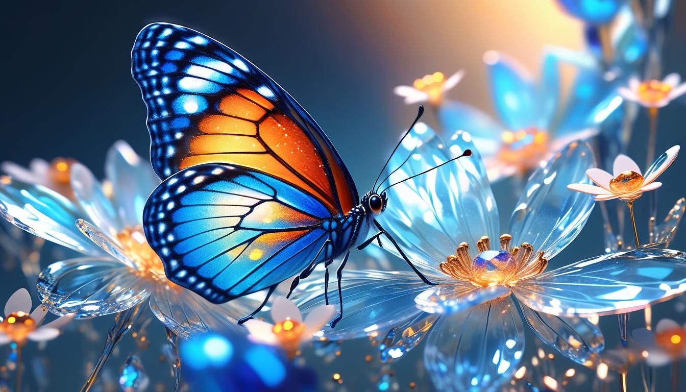 Butterfly on Iridescent Crystal Flowers: Hyperrealistic Art