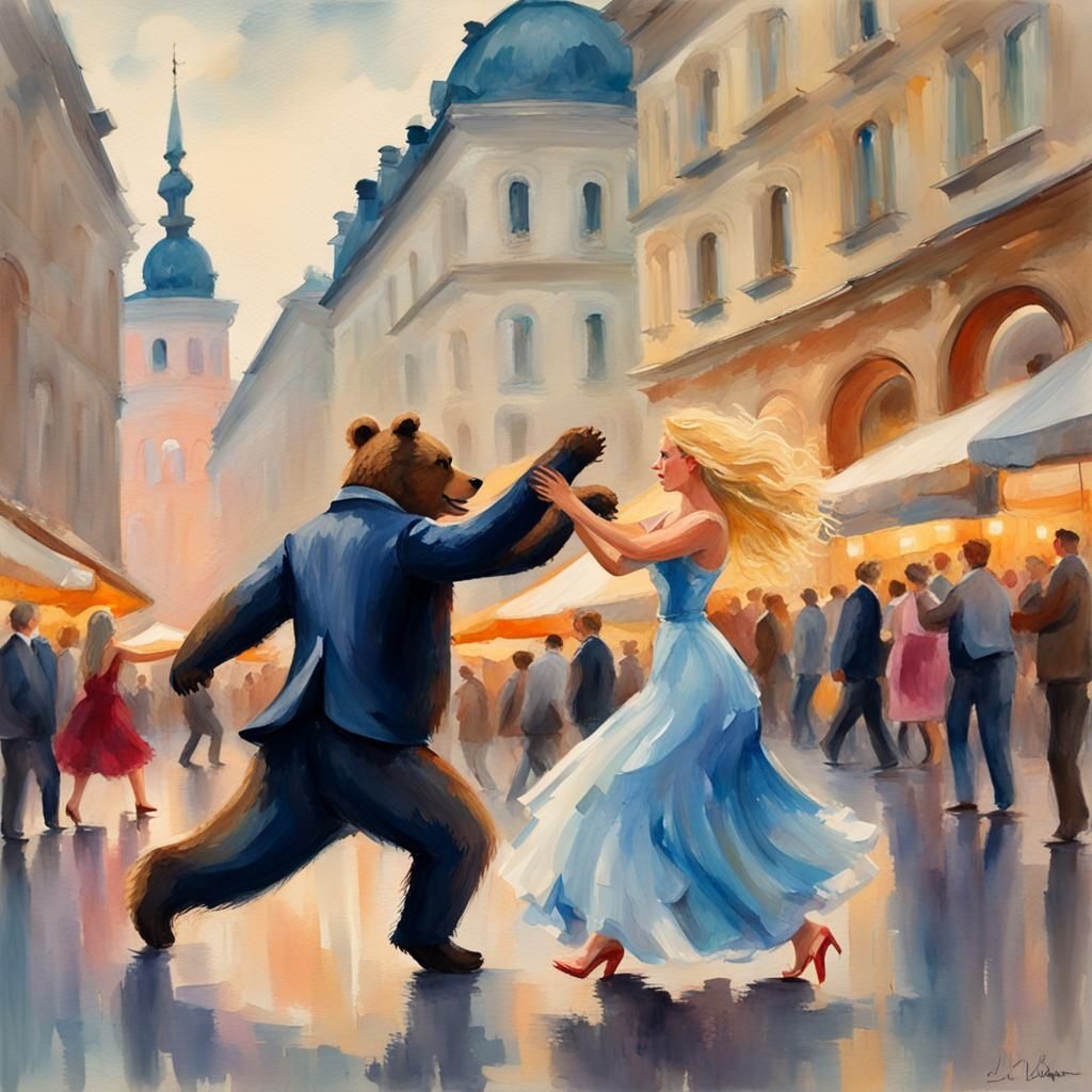 Blonde and Bear Dancing in Vienna as Gouache Painting