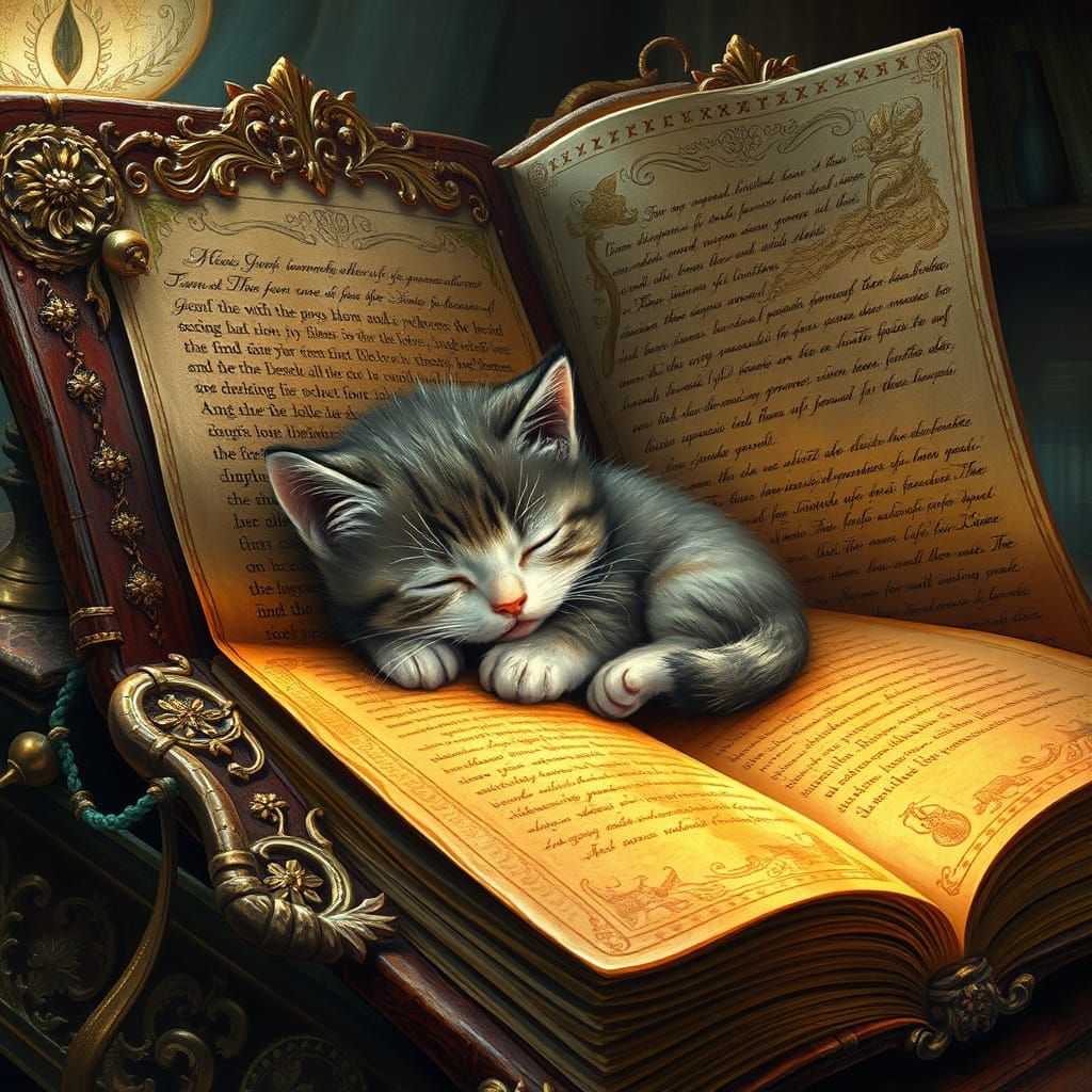 Fluffy Kitty Sleeps in Giant Antique Book with Illuminated S...