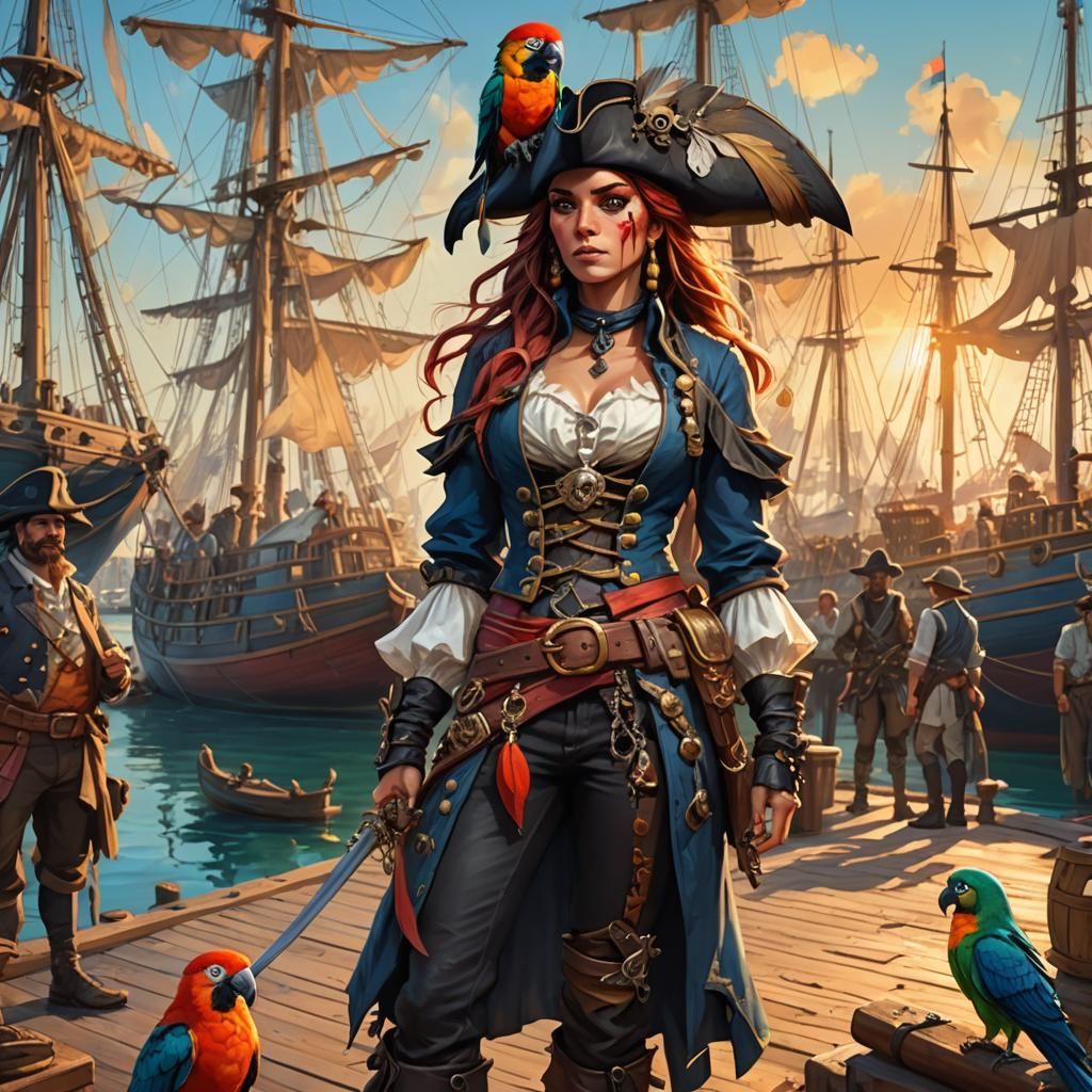 Pirate Woman with Parrot in Golden Light