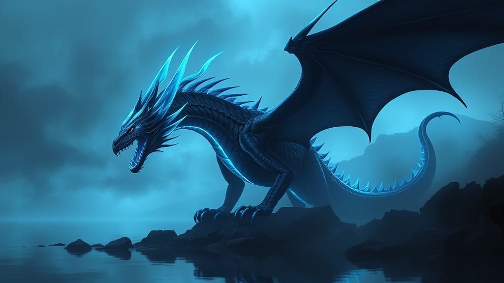 Cyberpunk Dark Fantasy Dragon Soars Over a Tranquil Lake