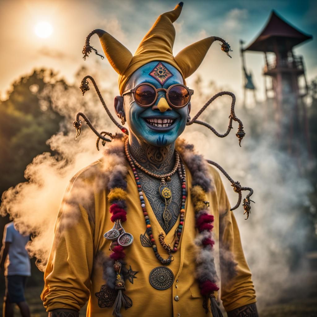 Massive Pikachu Jester Scarecrow in Psychedelic Art