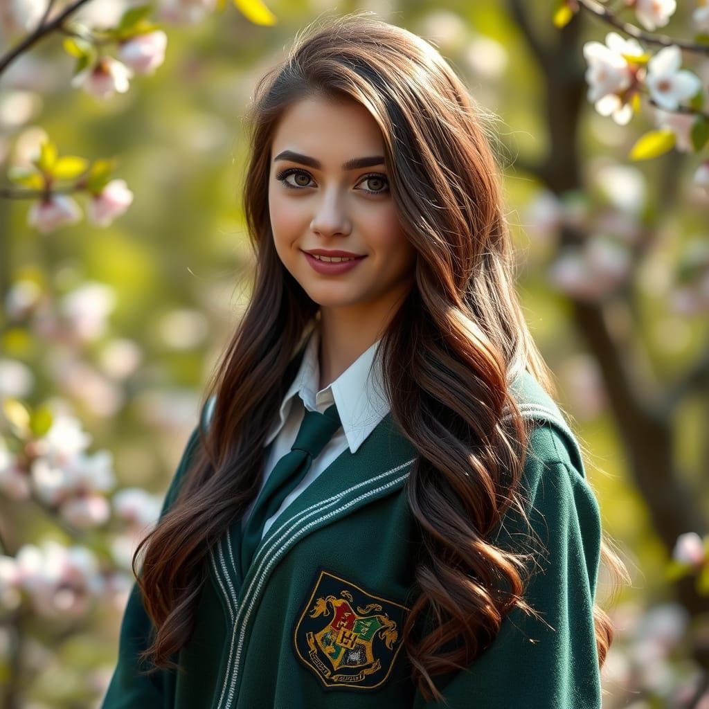 A Young Woman in Hogwarts Uniform Poses Amidst Vibrant Sprin...