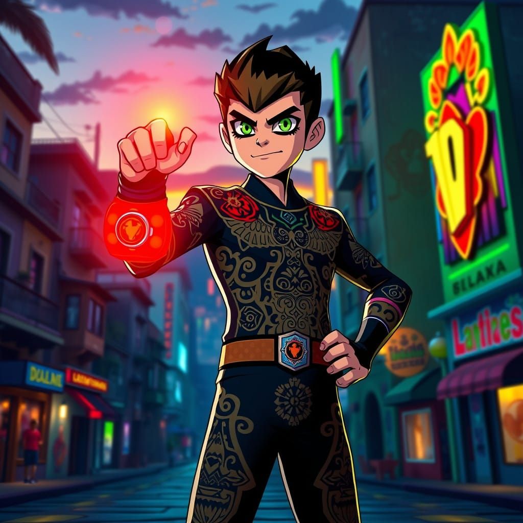Heroic Ben 10 in Vibrant Latin Cityscape with Neon-Lit Patte...