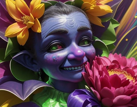 Smiling Imp in Clown Costume with Melting Flowers