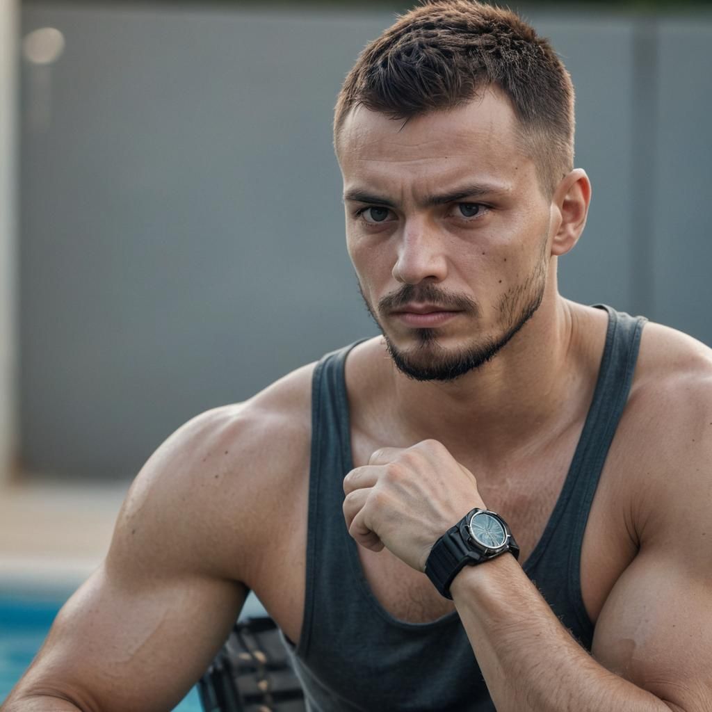 Focused Slavic Man with Tank Top in Photorealistic Style