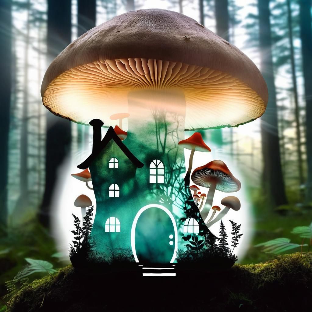 Mushroom House in Fairy Silhouette Double Exposure Art