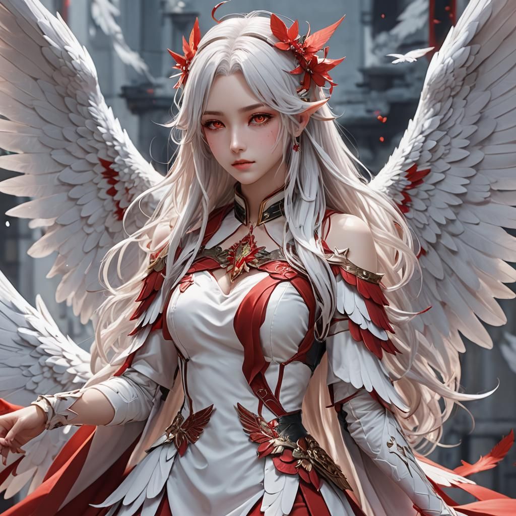 Beautiful Red and White Harpy in 3D Anime Art