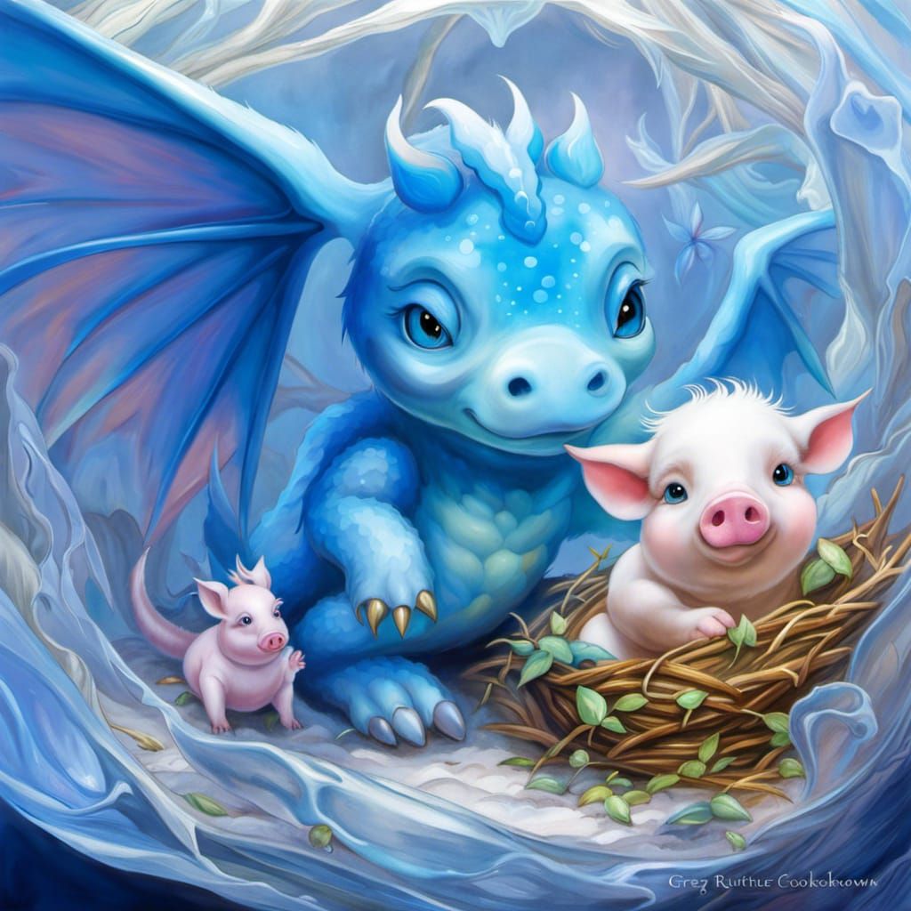 Crystal Blue Dragon and Piglet in Nest