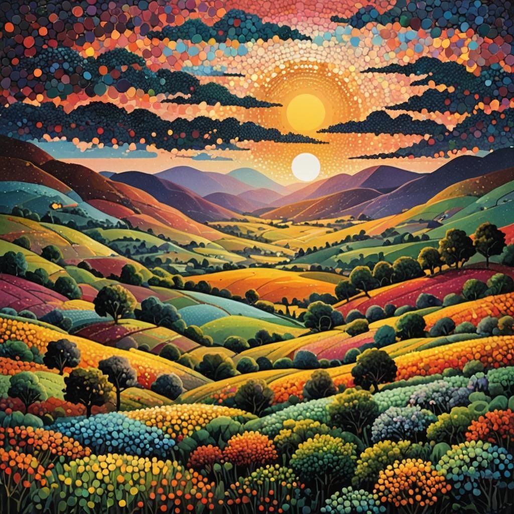 Pointillist Sunset Over Tranquil Countryside Landscape