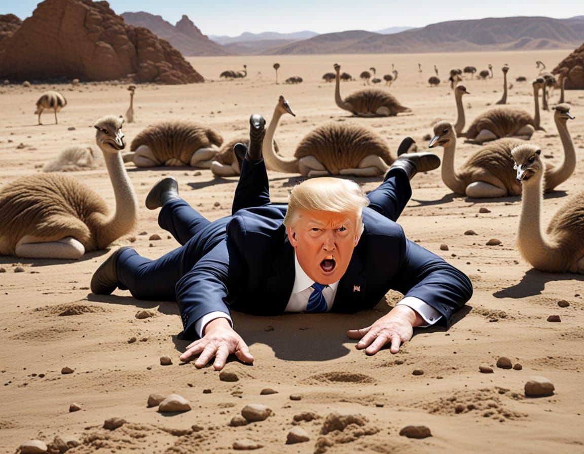 Donald Trump Overrun By Ostriches in Desert Landscape