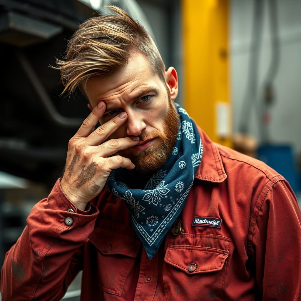 Grease Stained Mechanic Wipes Sweat with Tattered Bandana