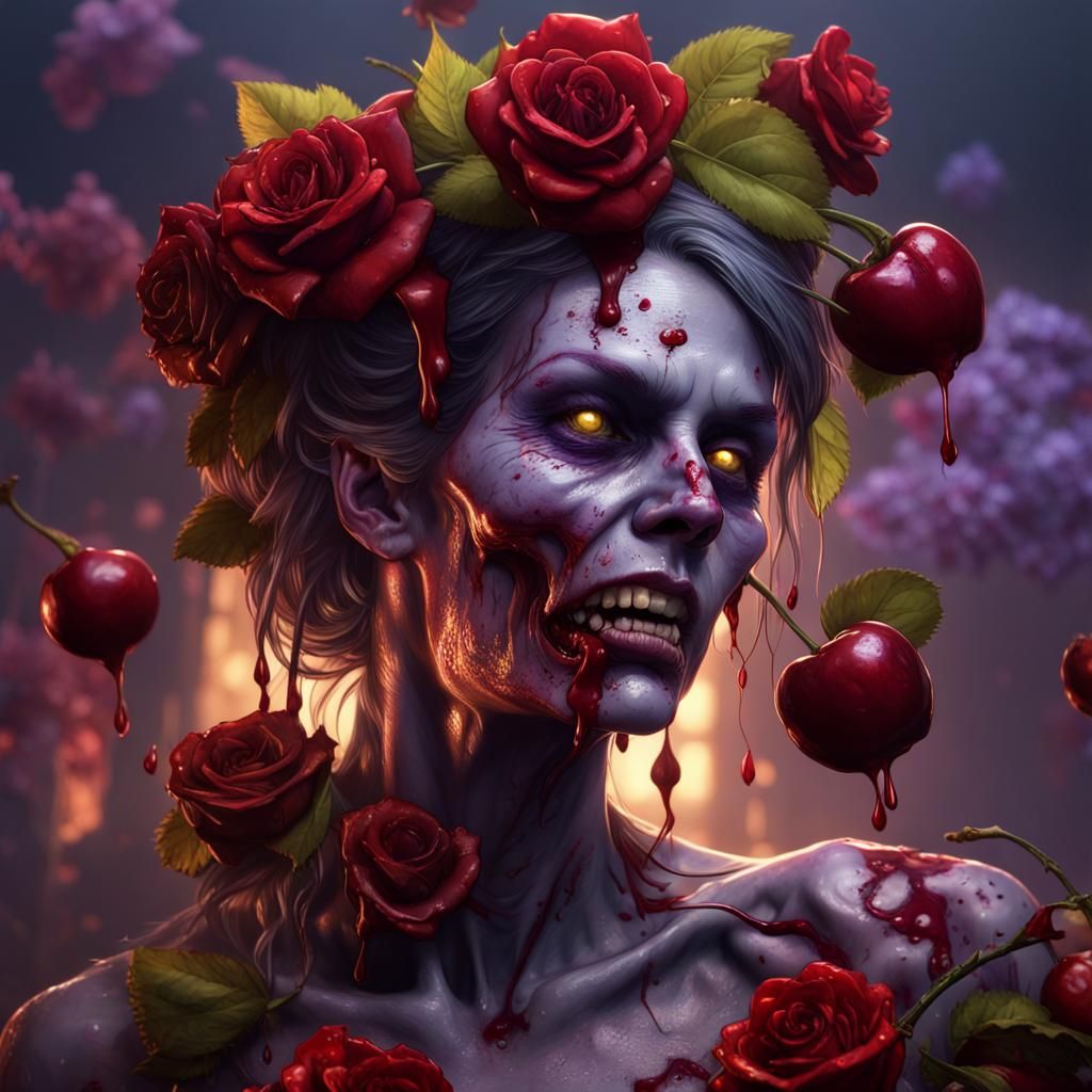 Zombie Cherry with Roses: Dark Fantasy Masterpiece