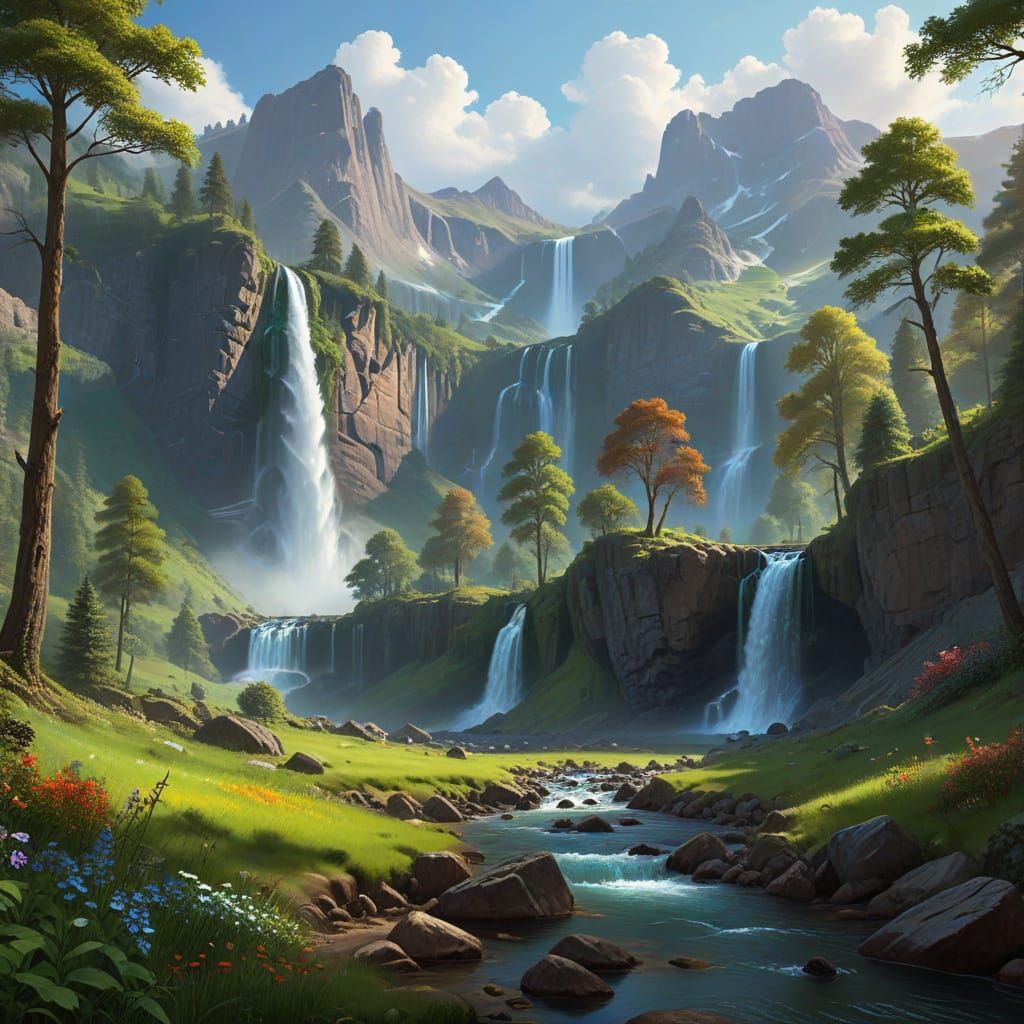 Hyperrealistic Landscape Painting of Hidden Valley with Wate...