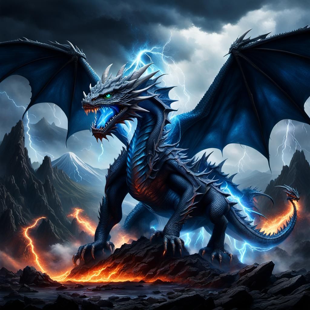 Glowing Dragon Soars Through Volcanic Lightning Storm