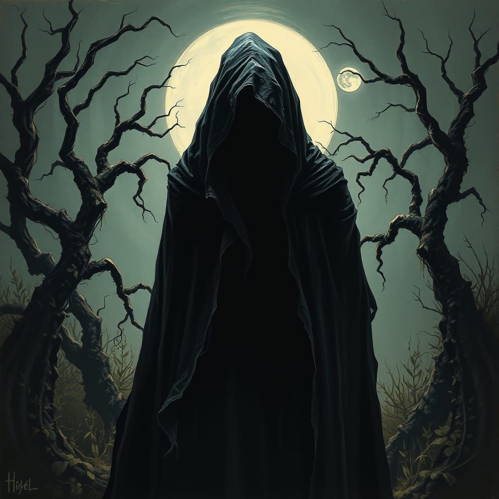 Eerie Hooded Figure in Gothic Horror Landscape