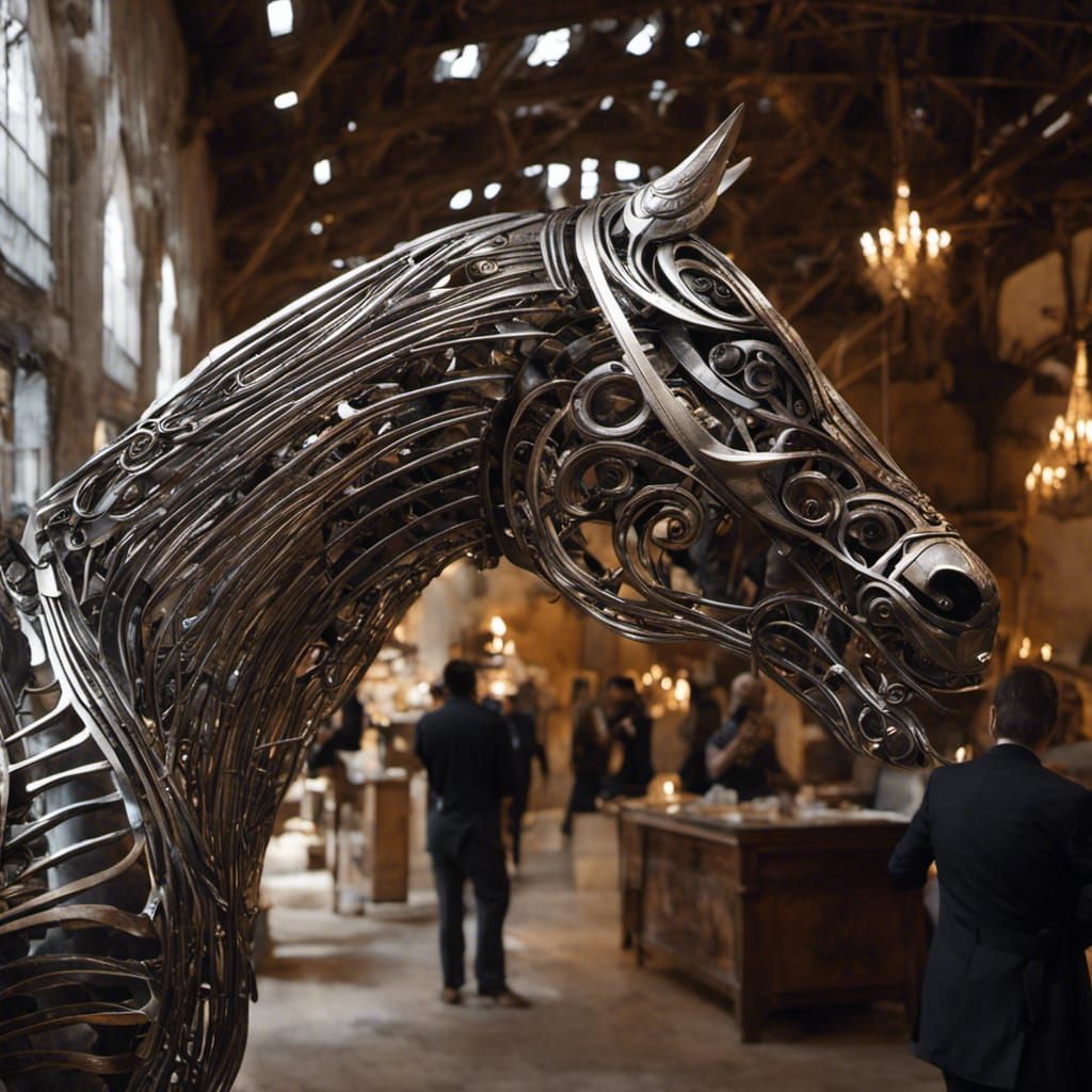 Cutlery Horse Sculpture in Stone Courtyard