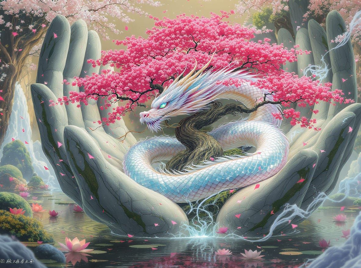 Japanese Dragon and Cherry Tree Fantasy Art