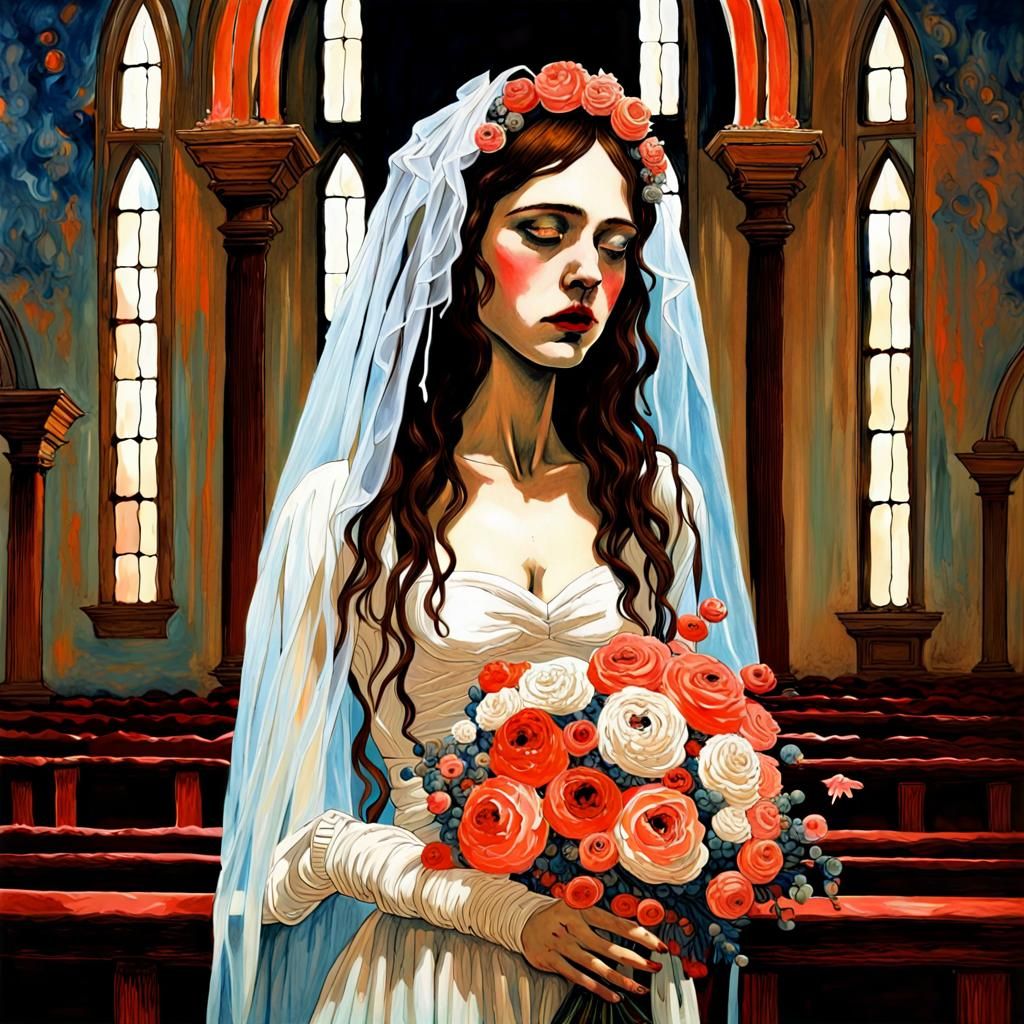Gouache Vampire Bride Weeping in Church