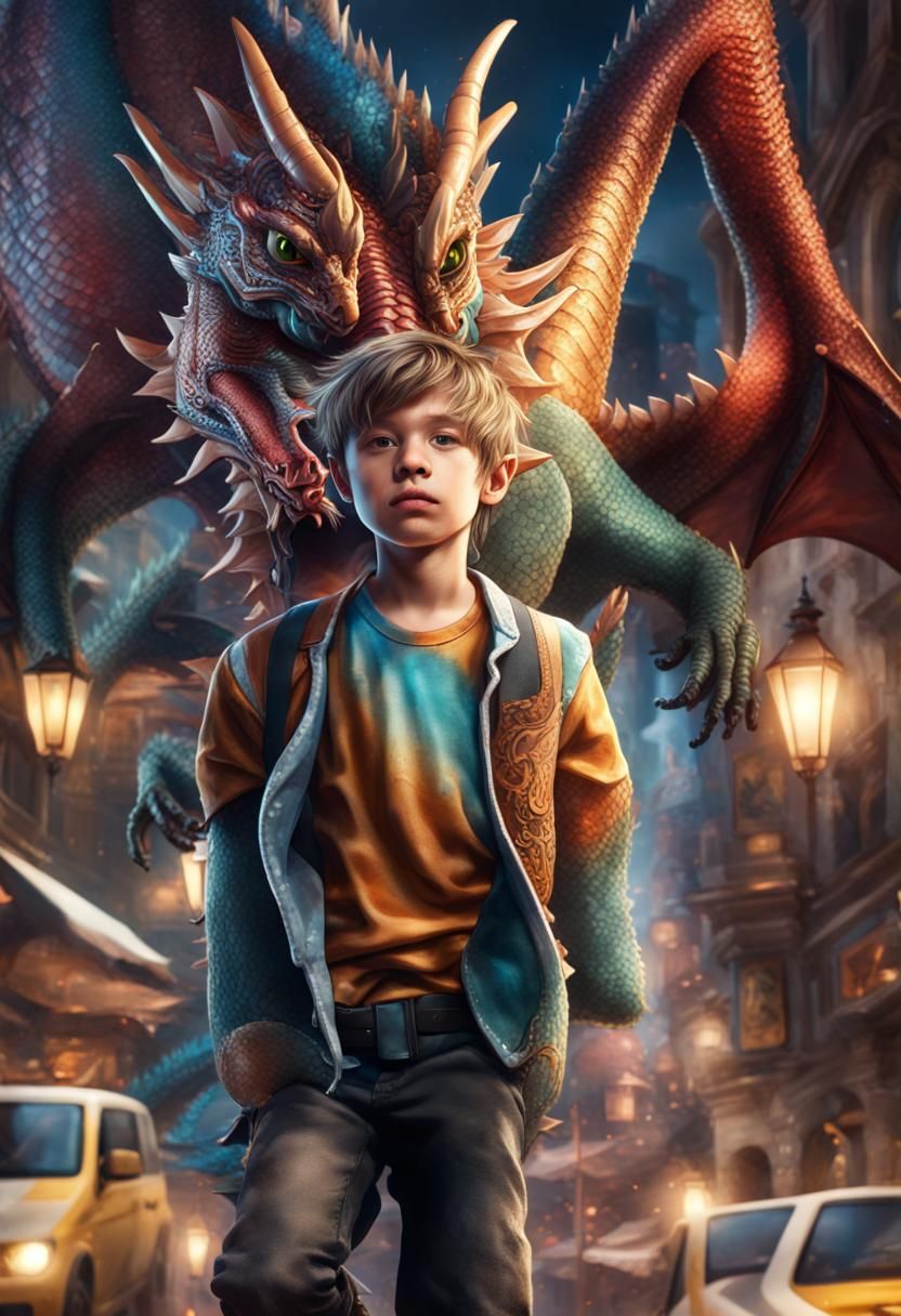 A young boy riding his dragon over a fairytale style city. Hyperrealistic, splash art, concept art, mid shot, intricatel...