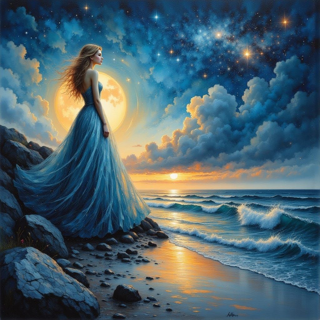 Woman in Azure Dress on Beach at Sunset