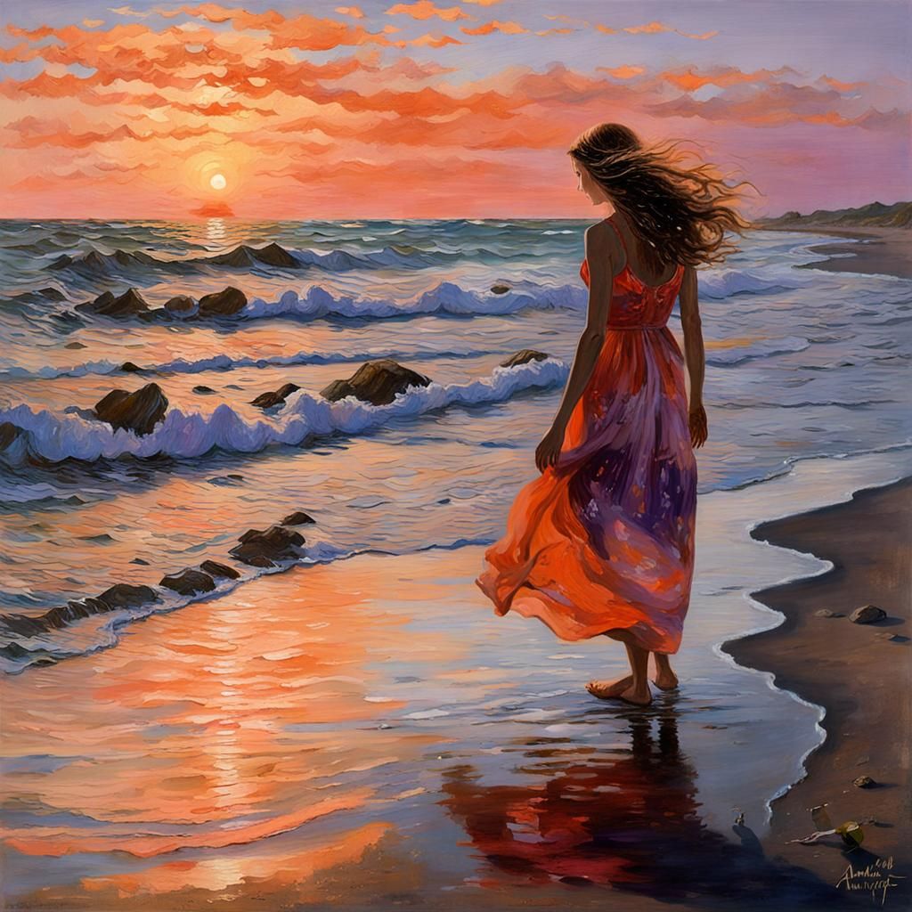 Woman on Beach with Sunset Glow, Dreamy Art Style