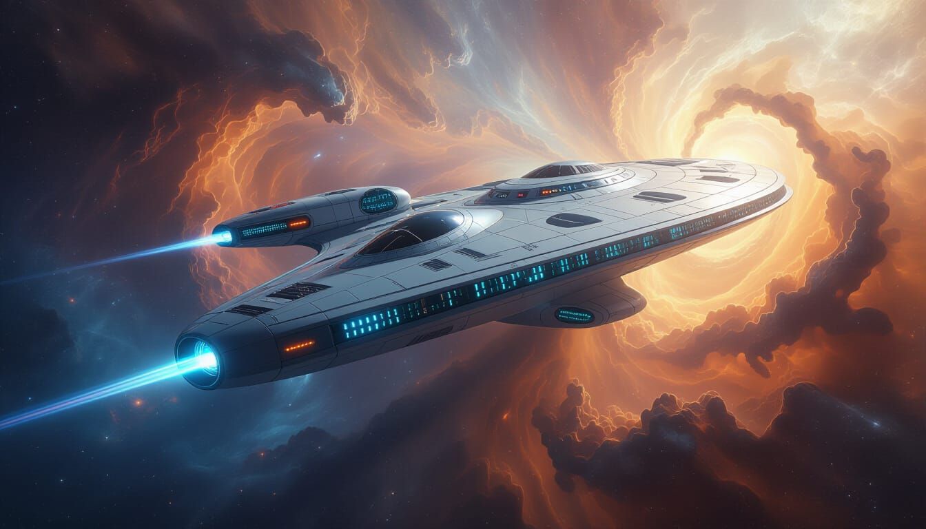 3D Fractal Starship Emerging From Swirling Nebula