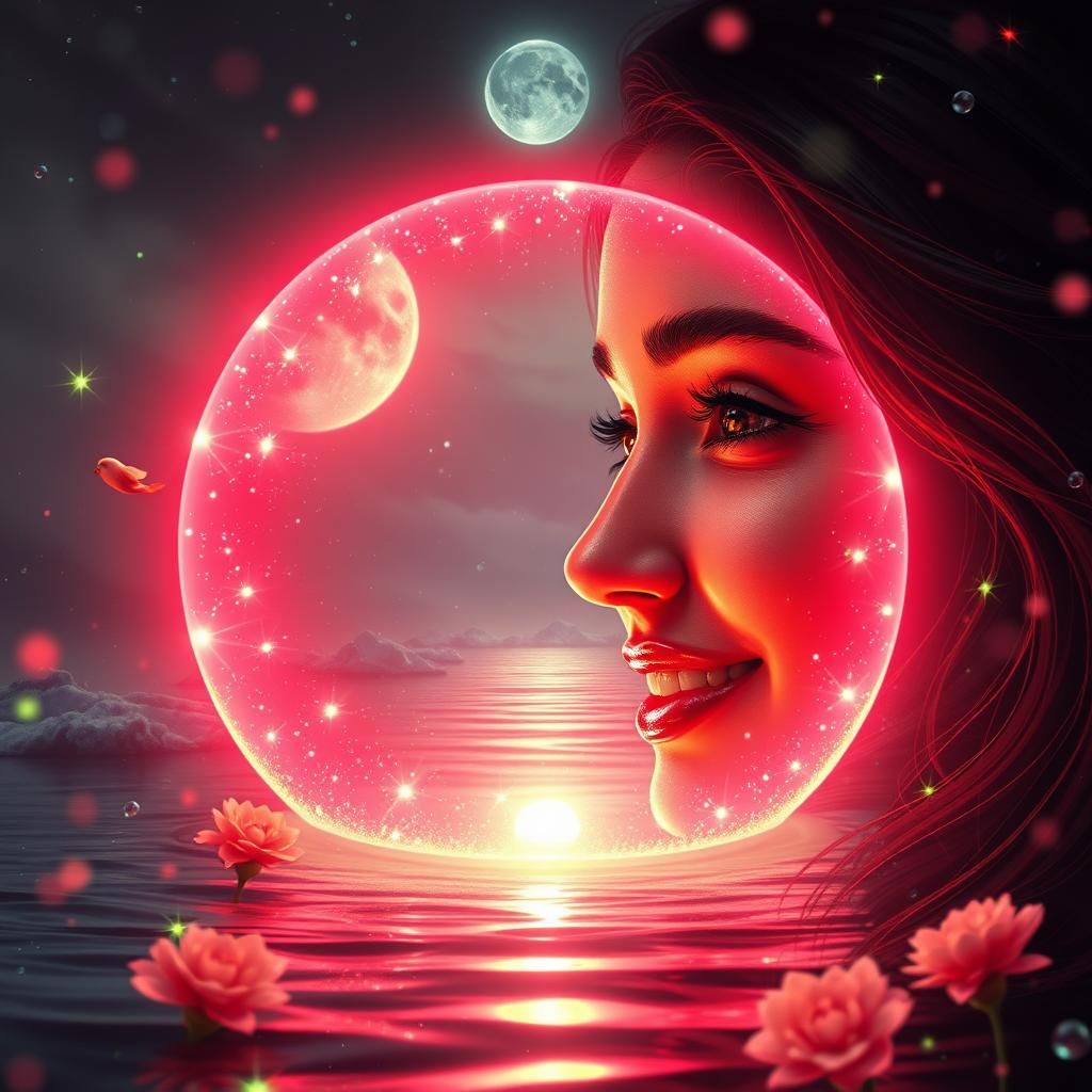 Laughing Woman with Pink Orb in Fantasy Landscape