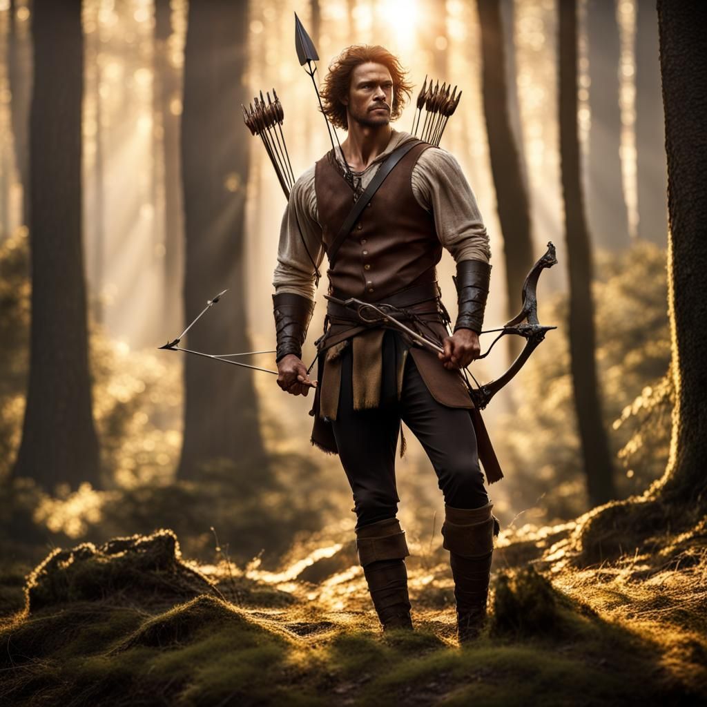 Outlander in Forest: Bow and Arrow Ready
