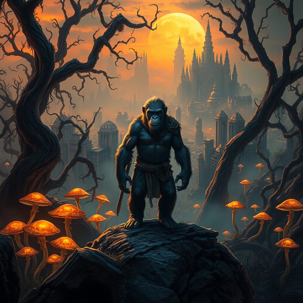 Mystical Ape Warrior in Ancient Forest