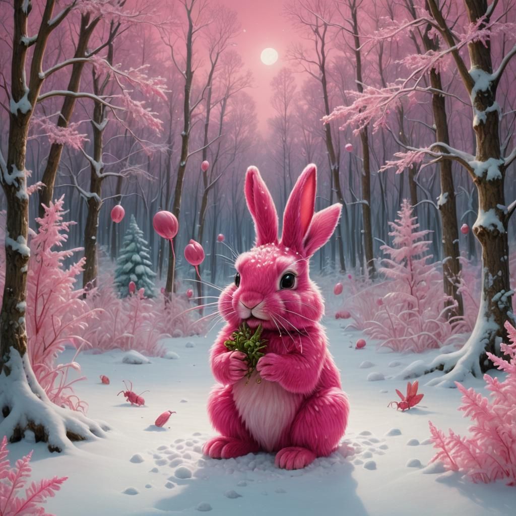 Hot Pink Bunny Feast in Surreal Winter Wonderland