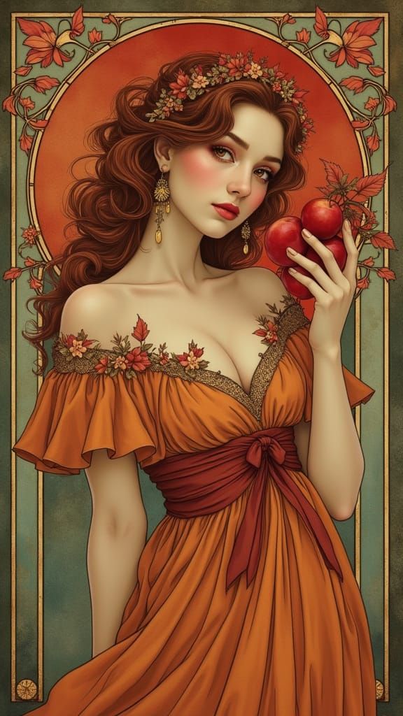 Melancholic Woman with Apples in Art Nouveau Style