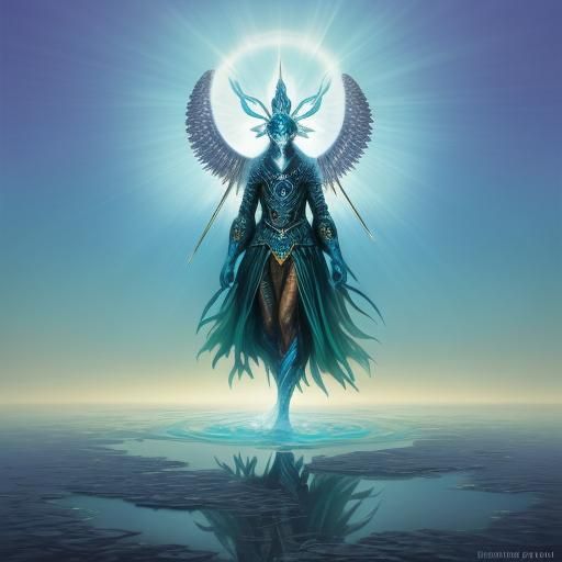 Blue Leopard Shaman in Flooded City: Surreal Oil Painting