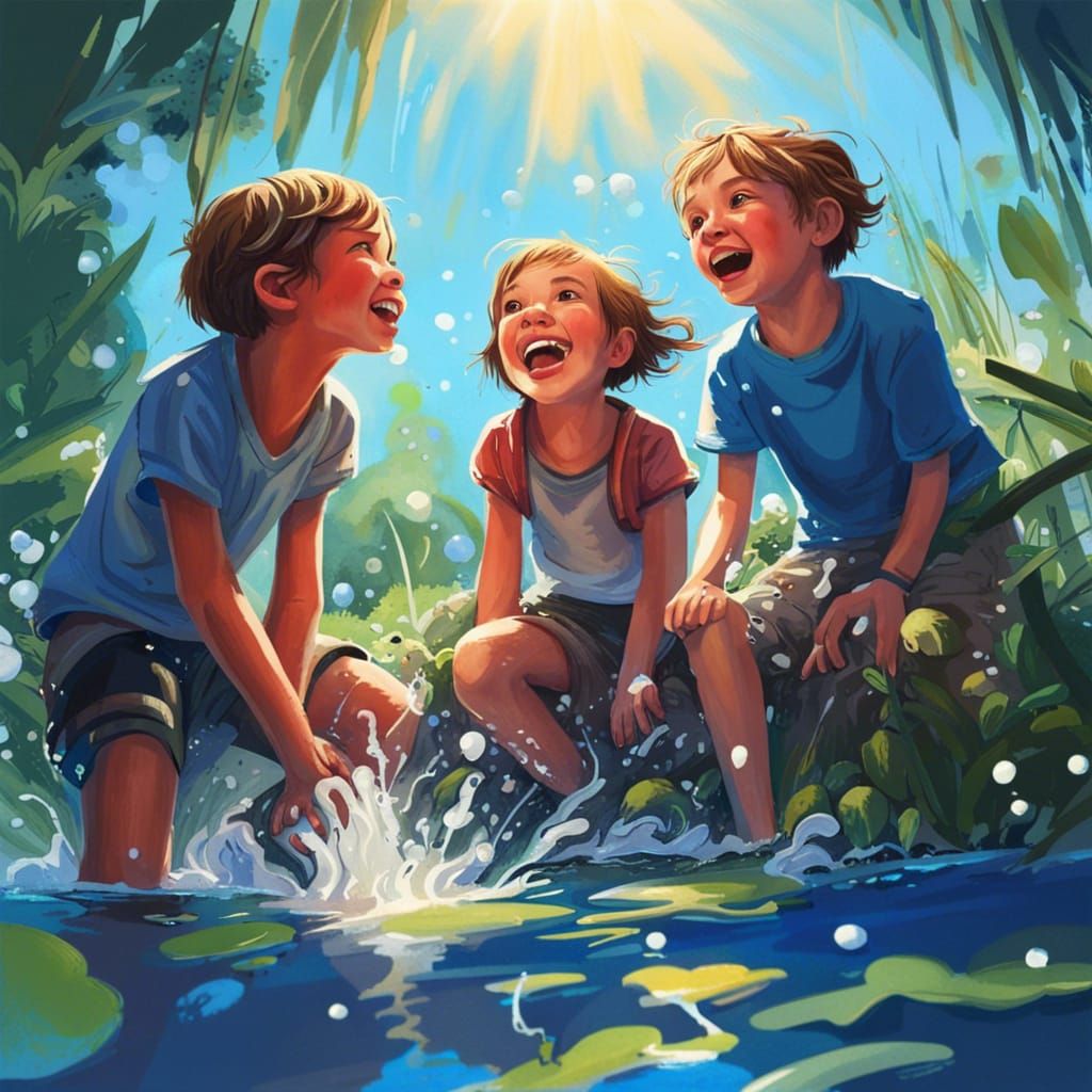 Children Playing by a Pond in Hyperrealistic Splash Art