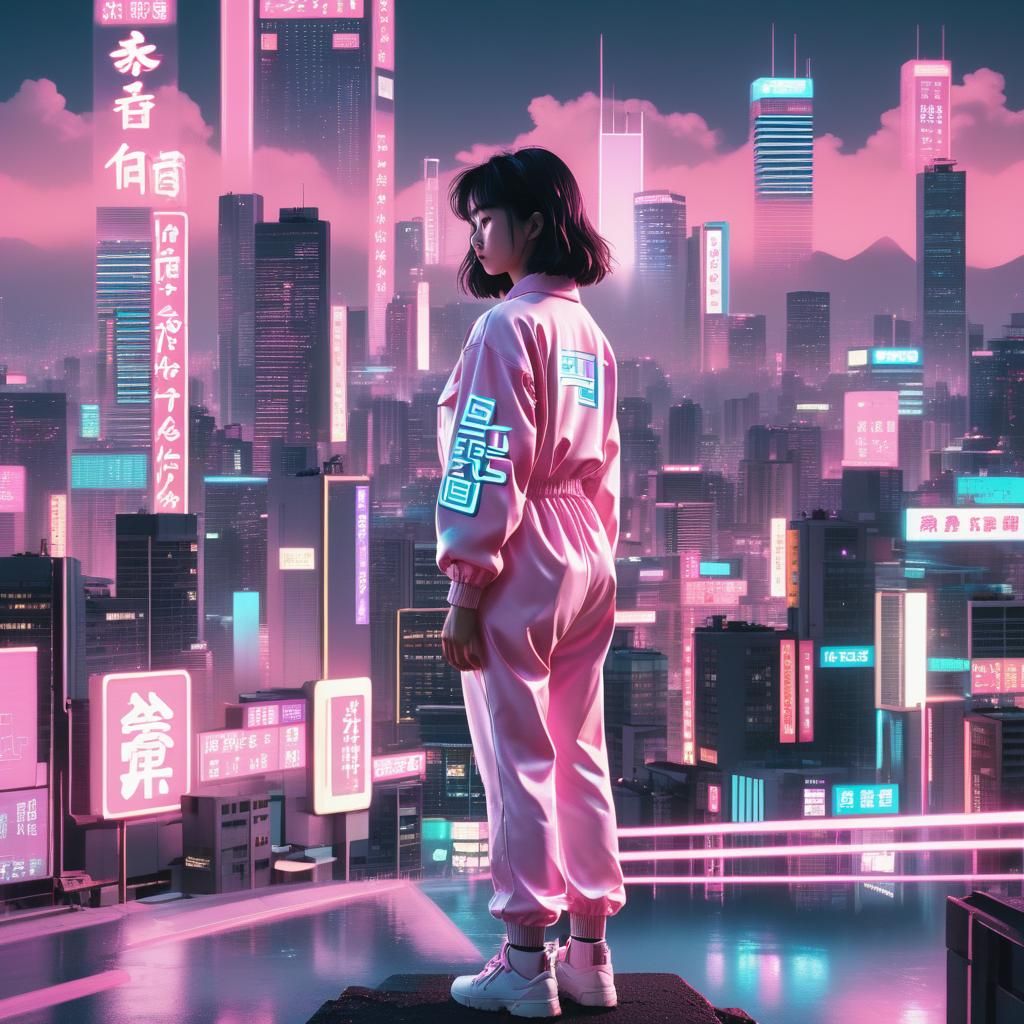Vaporwave Dreamscape with Neon Cityscape