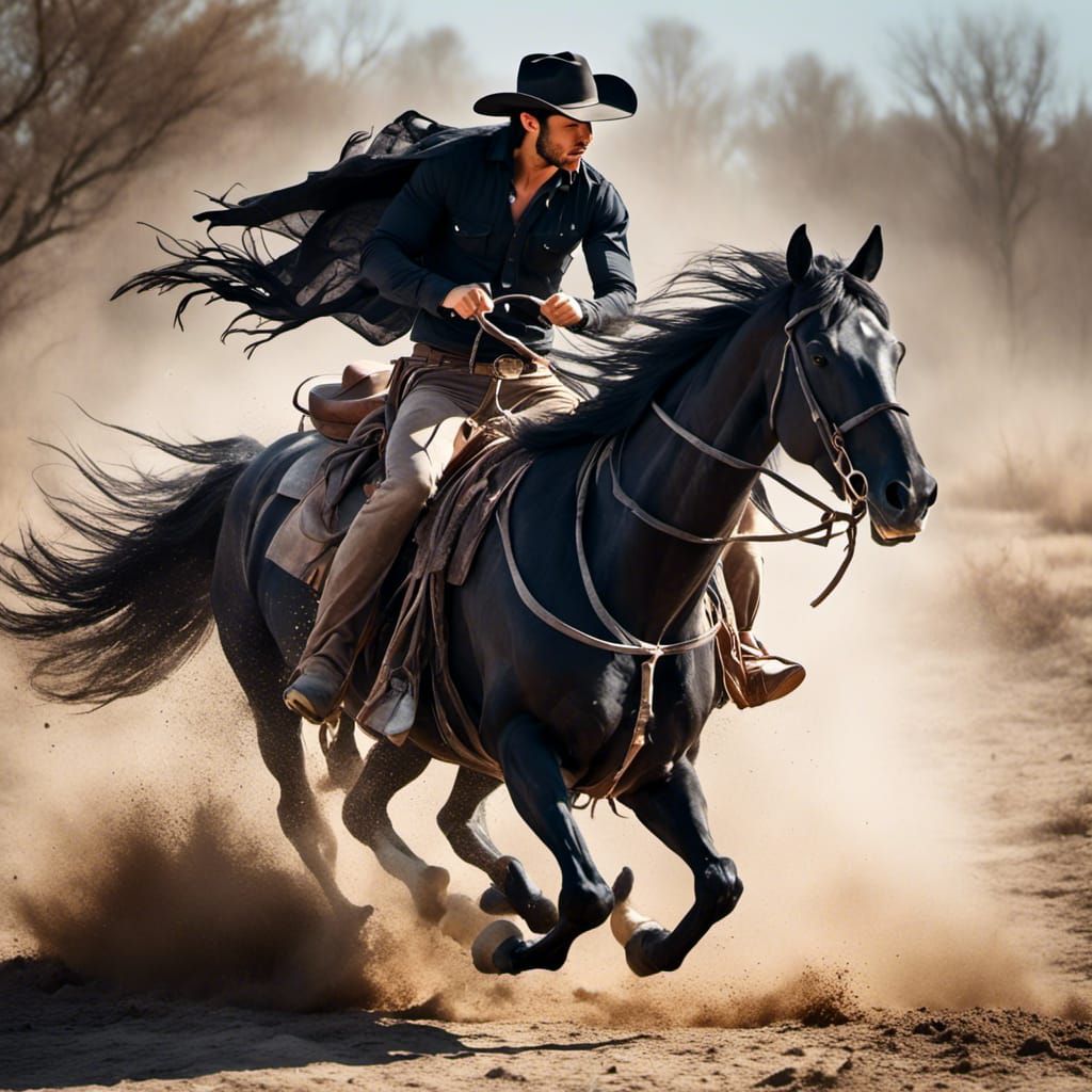 Cowboy on Galloping Horse in Antique Watercolor Style