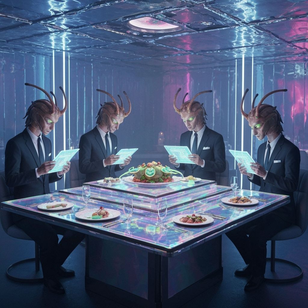 Alien Millipedes Dine in Neon-Lit Futuristic Restaurant