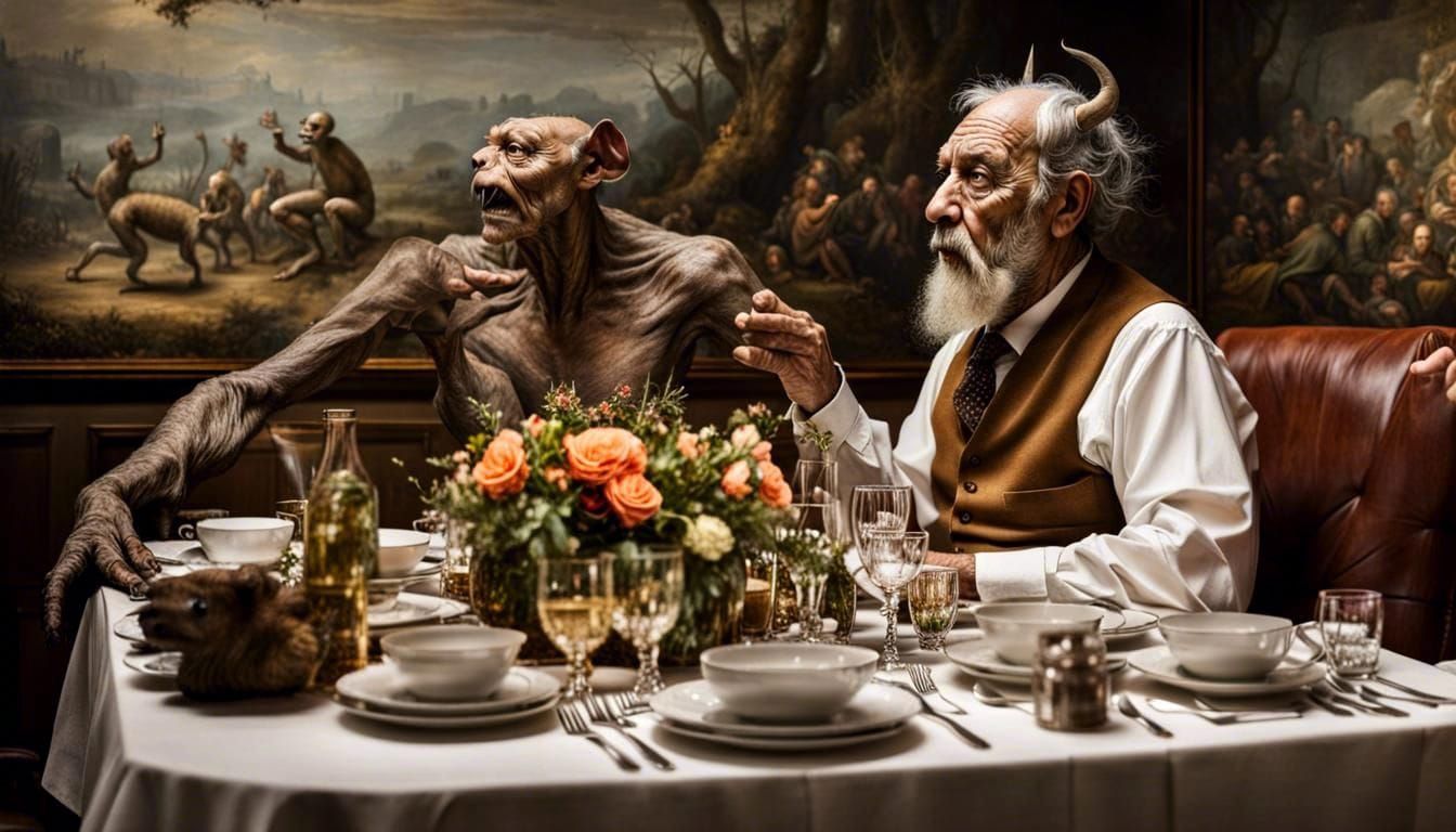 Surreal Restaurant Scene with Bizarre Creatures