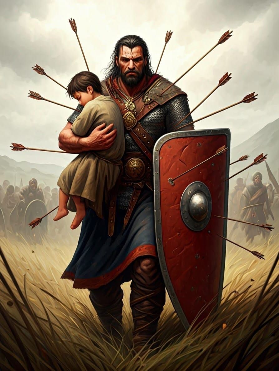 Warrior Shielding Innocent Child in Battle